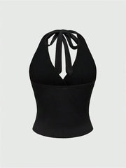 Solid V-neck Backless Halter Crop Top