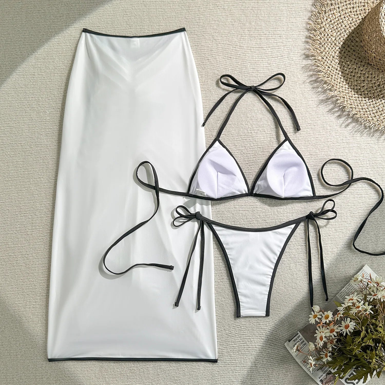 Vintage White Long Skirt 3 Piece Bikini Set