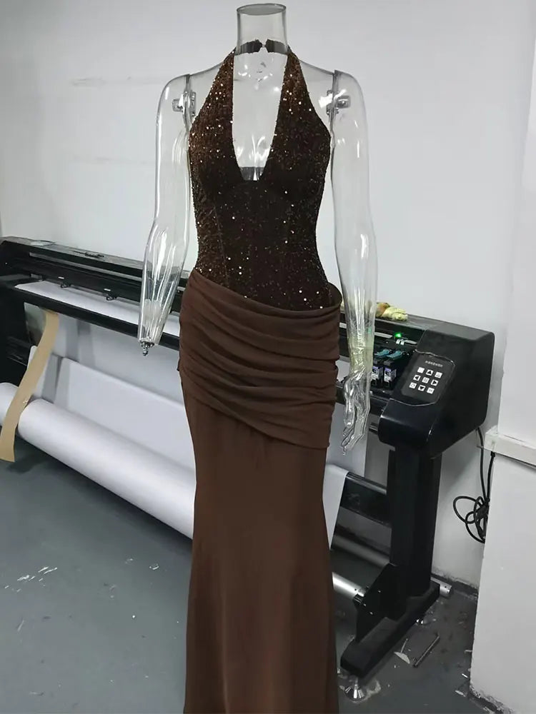 Sequins Halter Back Lace-up Sexy Maxi Dress