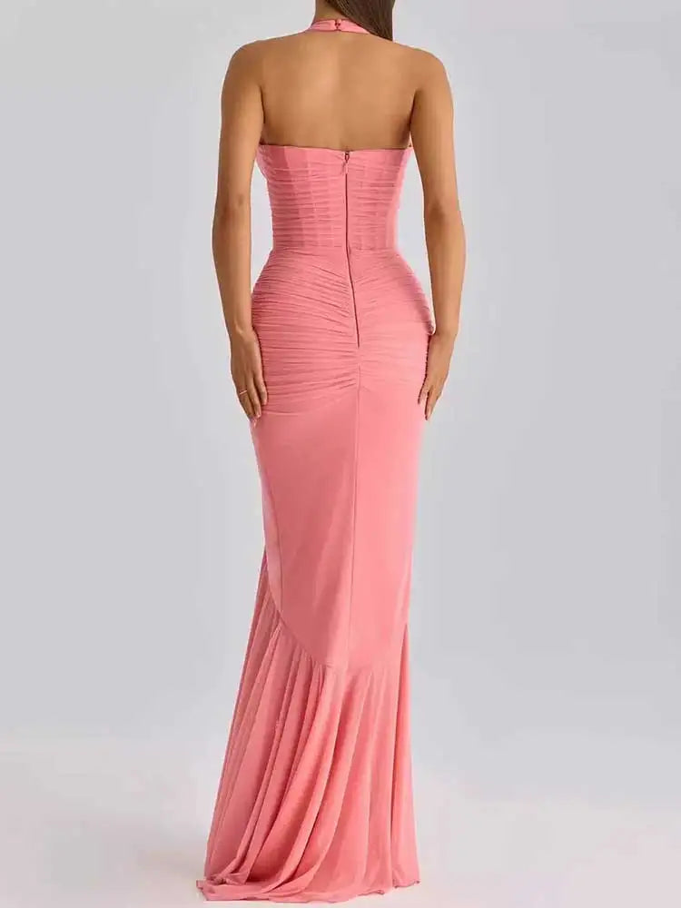 Mesh Deep V Neck Backless Sexy Maxi Dress