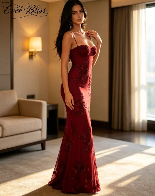 New Burgundy Floral Mermaid Maxi Dress