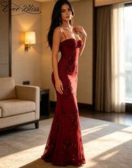 New Burgundy Floral Mermaid Maxi Dress