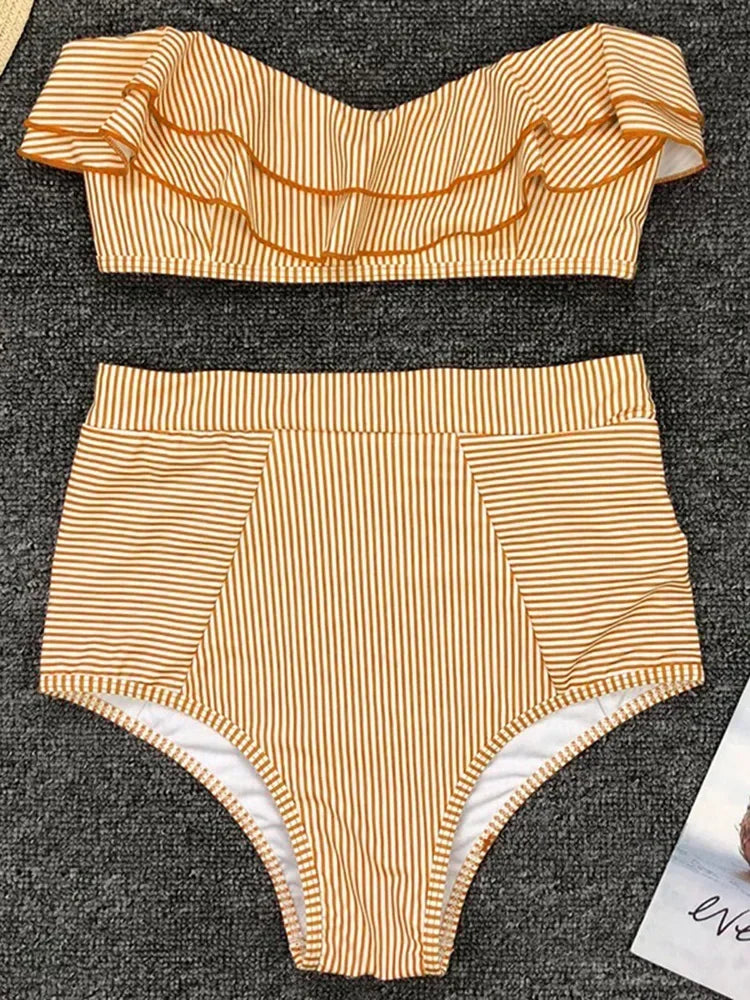 Striped Top Ruffle High Waist Bikini