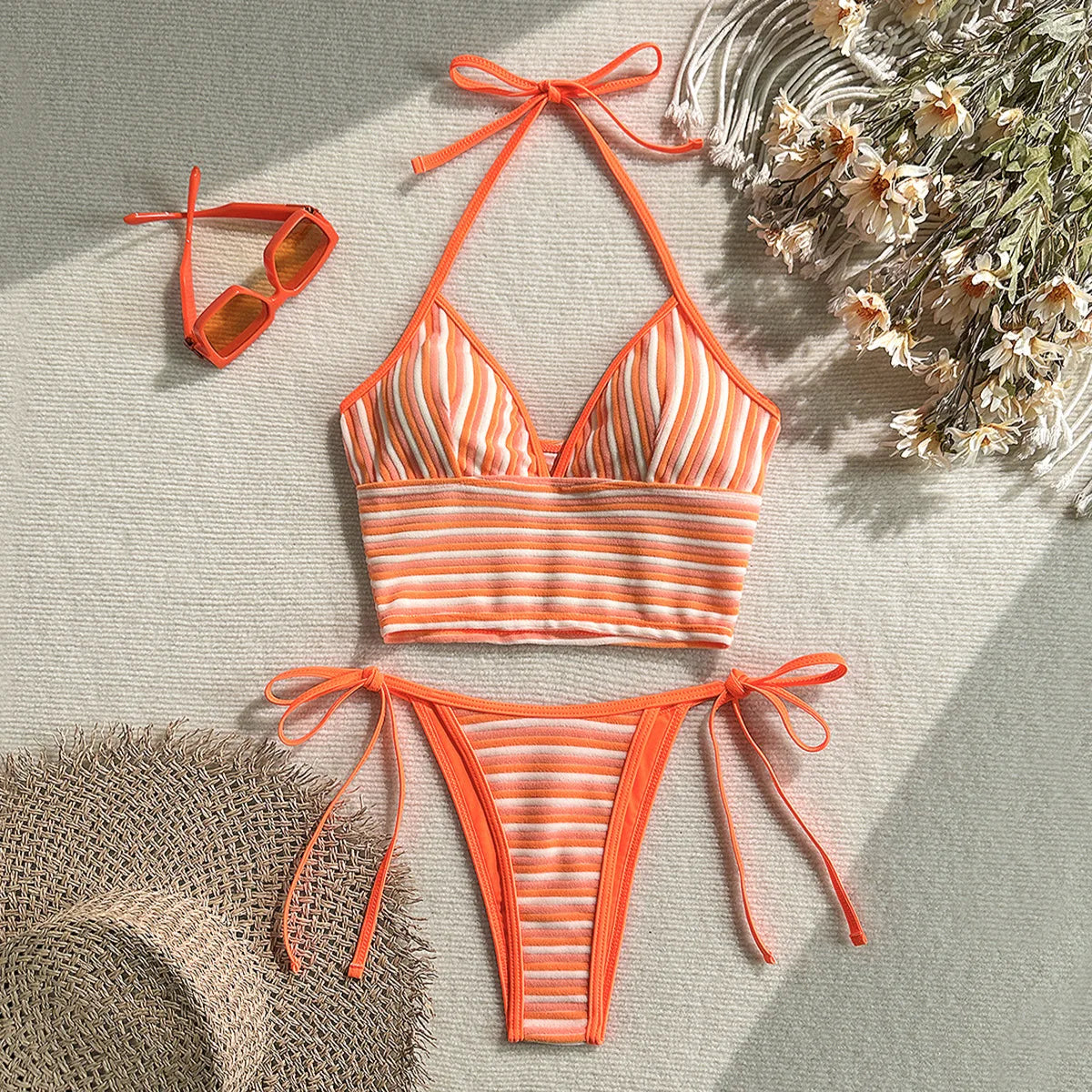 Sexy Orange Striped Bikini Set