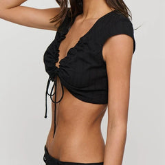 Vintage Ruched Drawstring Tie Front Crop Top