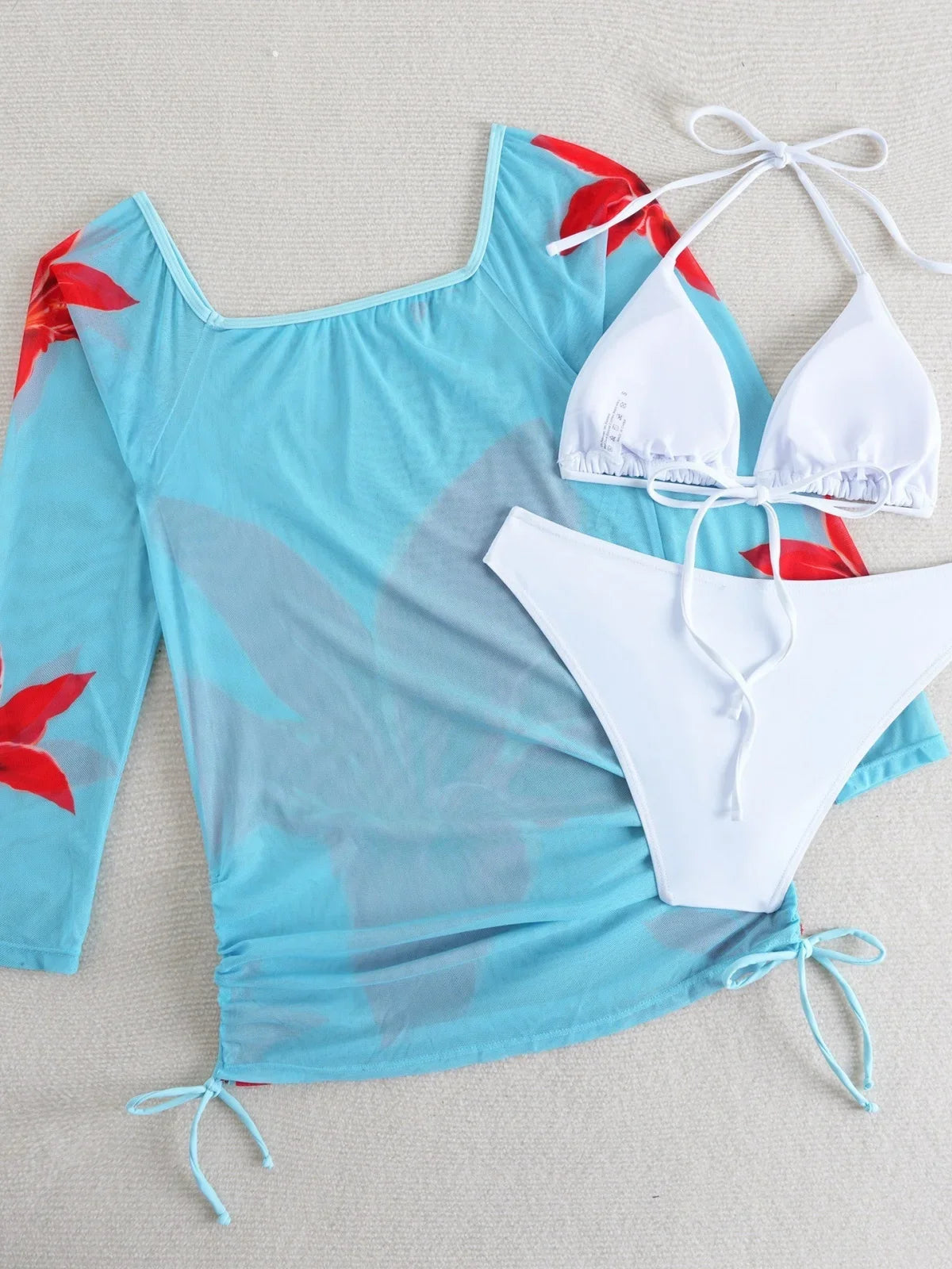 Sexy White Red Floral Print Bikini Set