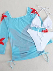 Sexy White Red Floral Print Bikini Set