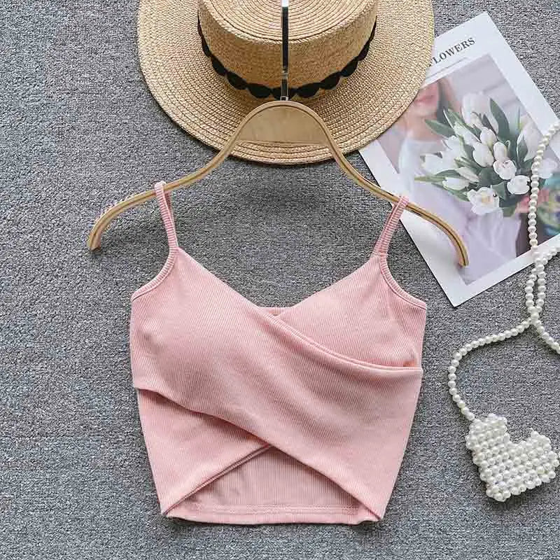 V Neck Spaghetti Strap Camisole Cross Wrap Front Cutout Hem Ribbed Slim Cropped Tank Top