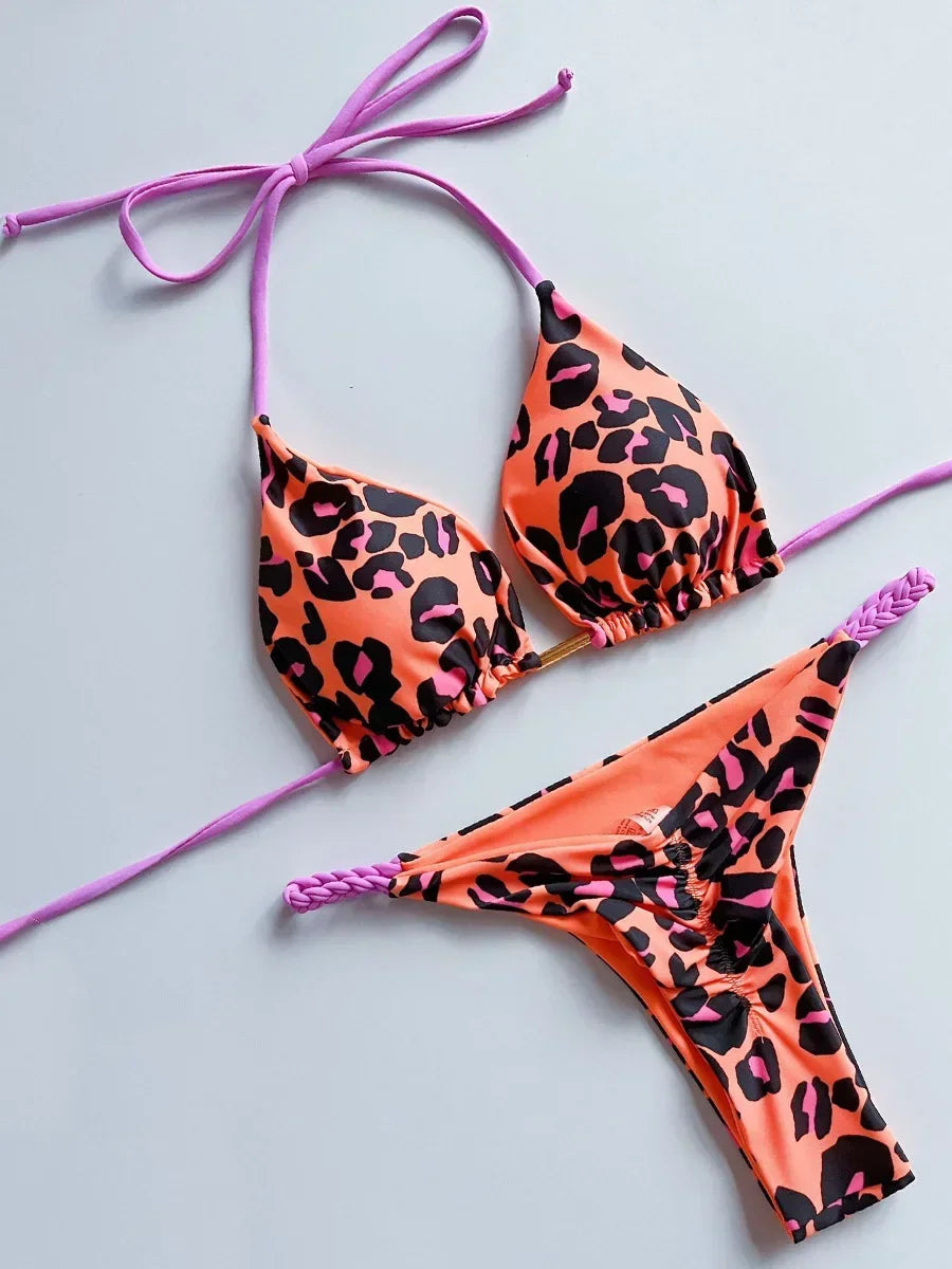 Leopard Halter Scrunch Butt Mini Micro Thong Bikini