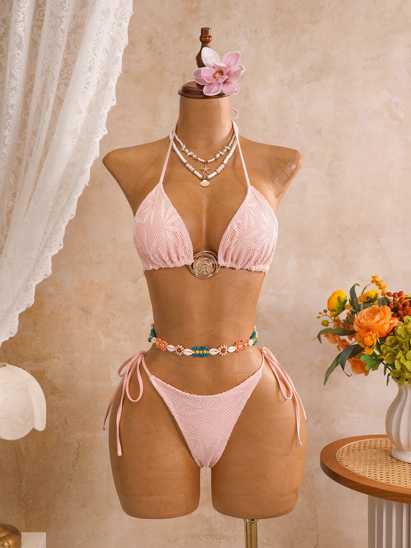 Vintage Pink Leaves Print Bikini Set