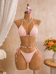 Vintage Pink Leaves Print Bikini Set