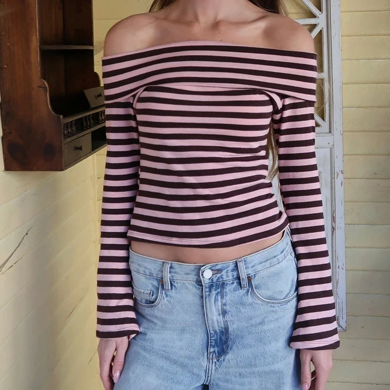 Stripe Off Shoulder Crop Top