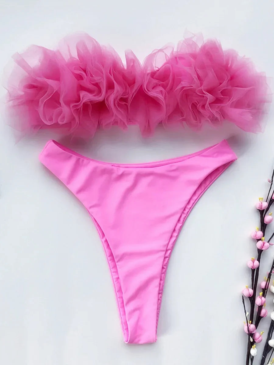 New Sexy 3D Flower Mesh Ruffled Swimsuit