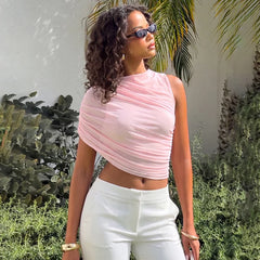 Ins Style One Shoulder Drape Neck Ruched Waist Slim Fit Casual  Tops