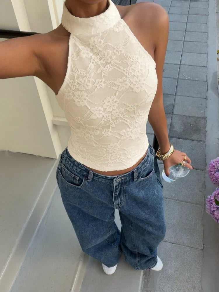 White Lace High Neck Halter Back Button Backless Slim Fit Crop Top