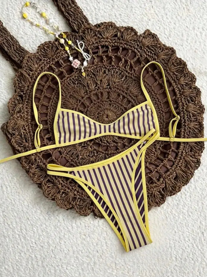 Sexy Coffee Polka Print Patchwork Bikini Set