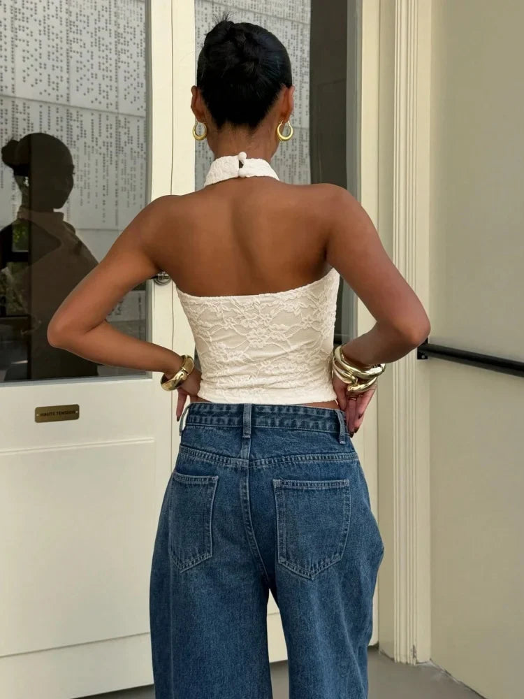 White Lace High Neck Halter Back Button Backless Slim Fit Crop Top