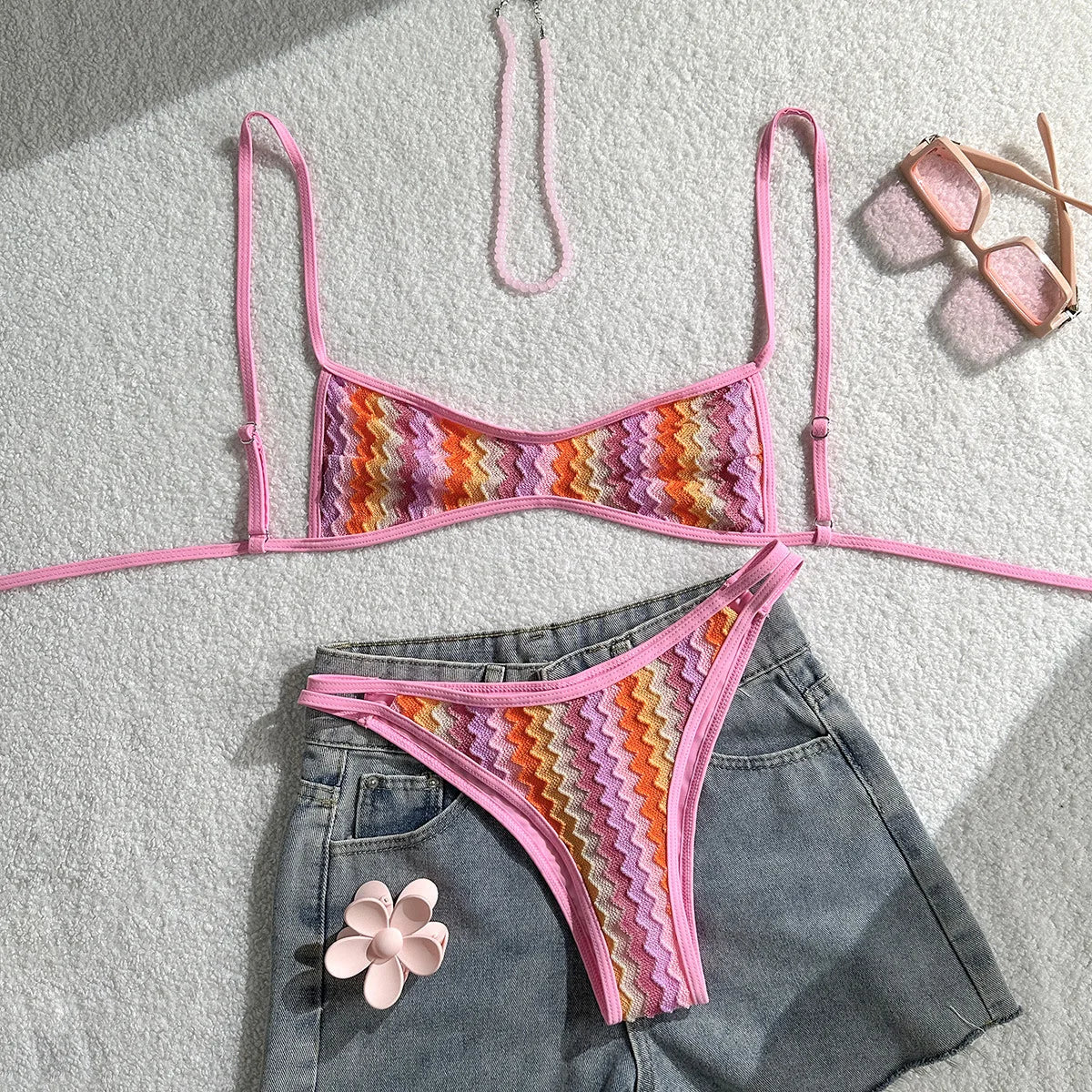 Vintage Crochet Coffee Striped Bikini Set