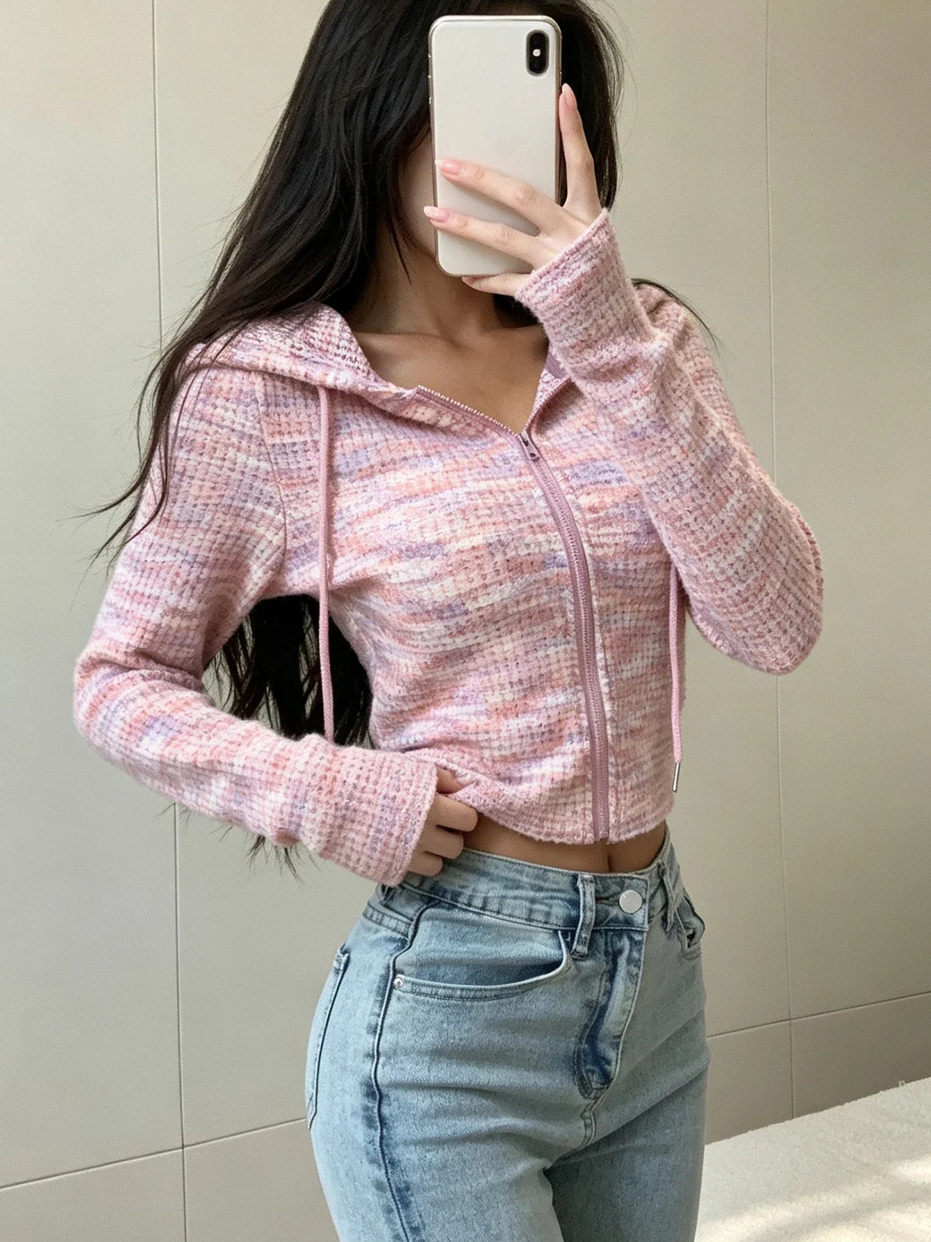 Women's Zip Up Hooded Jacket Long Sleeve Cropped Slim Fit Knit Casual Hoodie Top