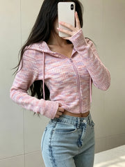 Women's Zip Up Hooded Jacket Long Sleeve Cropped Slim Fit Knit Casual Hoodie Top