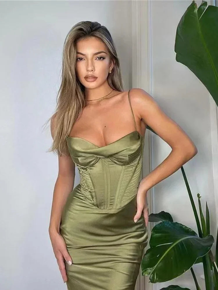 Lady Luxury Glossy Satin Sleeveless Midi Dress