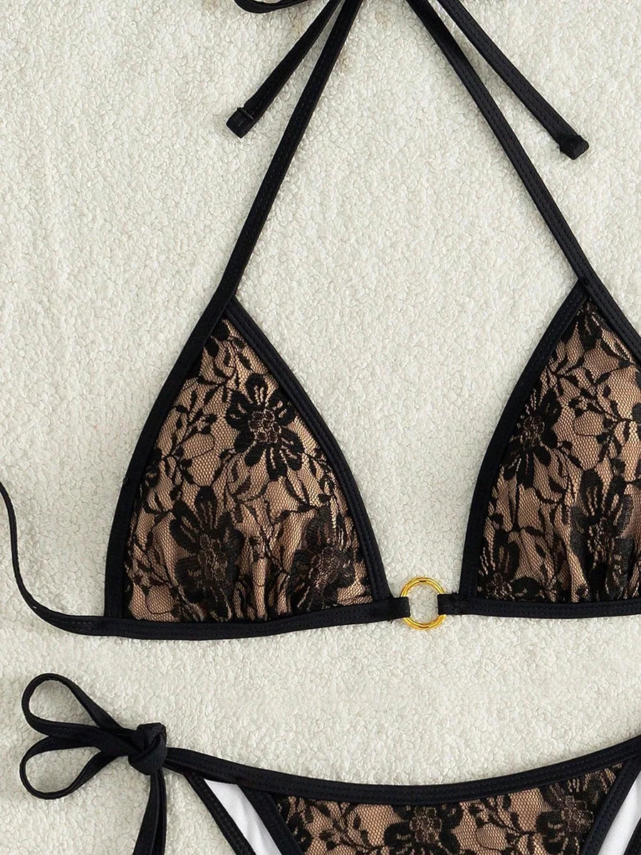 Embroidery Mesh Lace Halter High Cut Bikini
