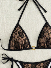 Embroidery Mesh Lace Halter High Cut Bikini
