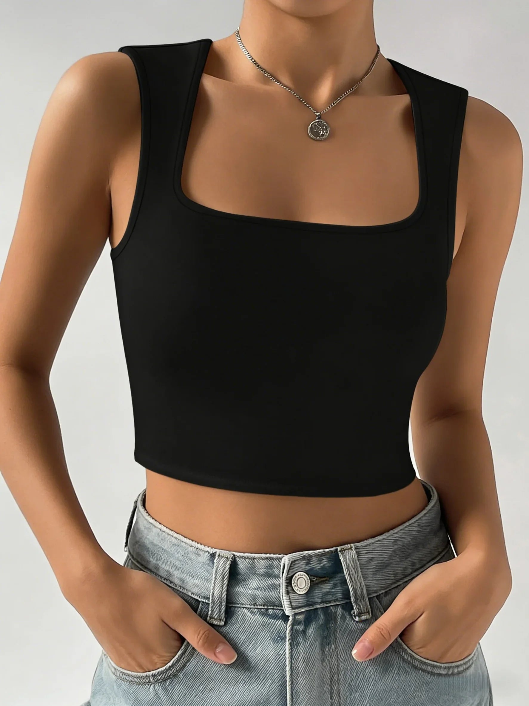 Women's Black Square Neck Tank Top