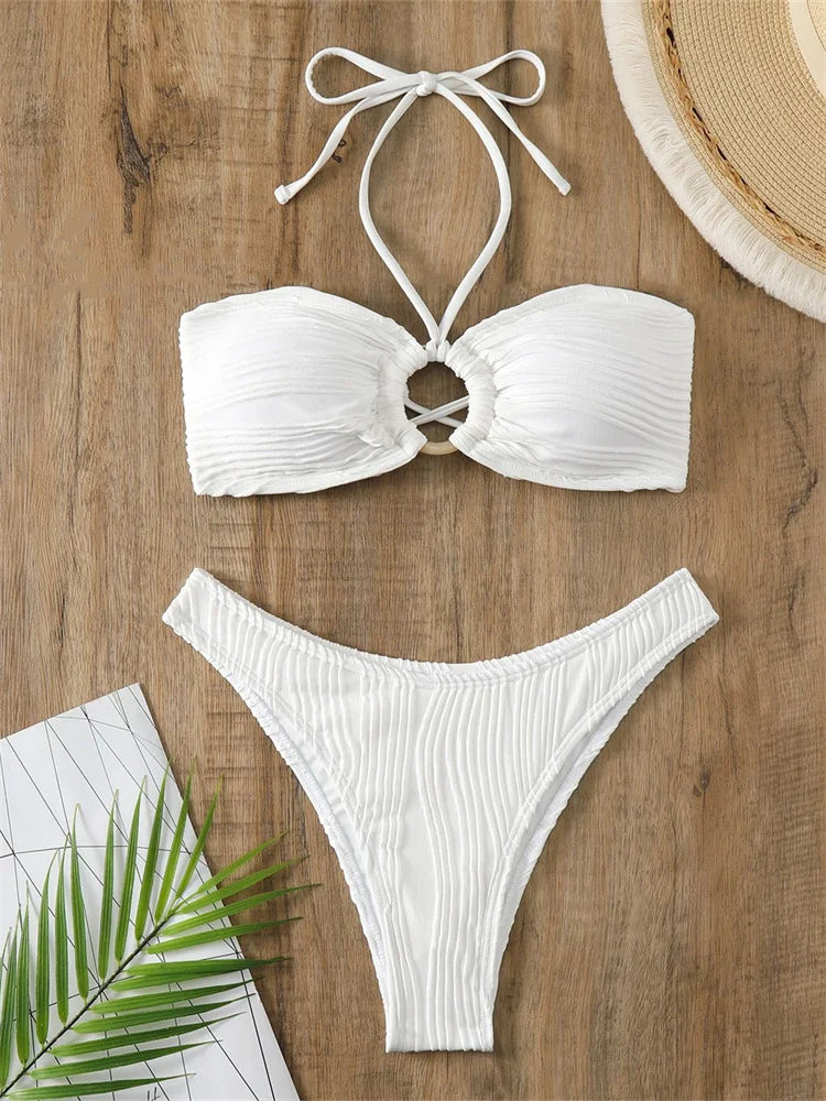 White Ring Linked Hollow Out Push Up Micro Swimsuit