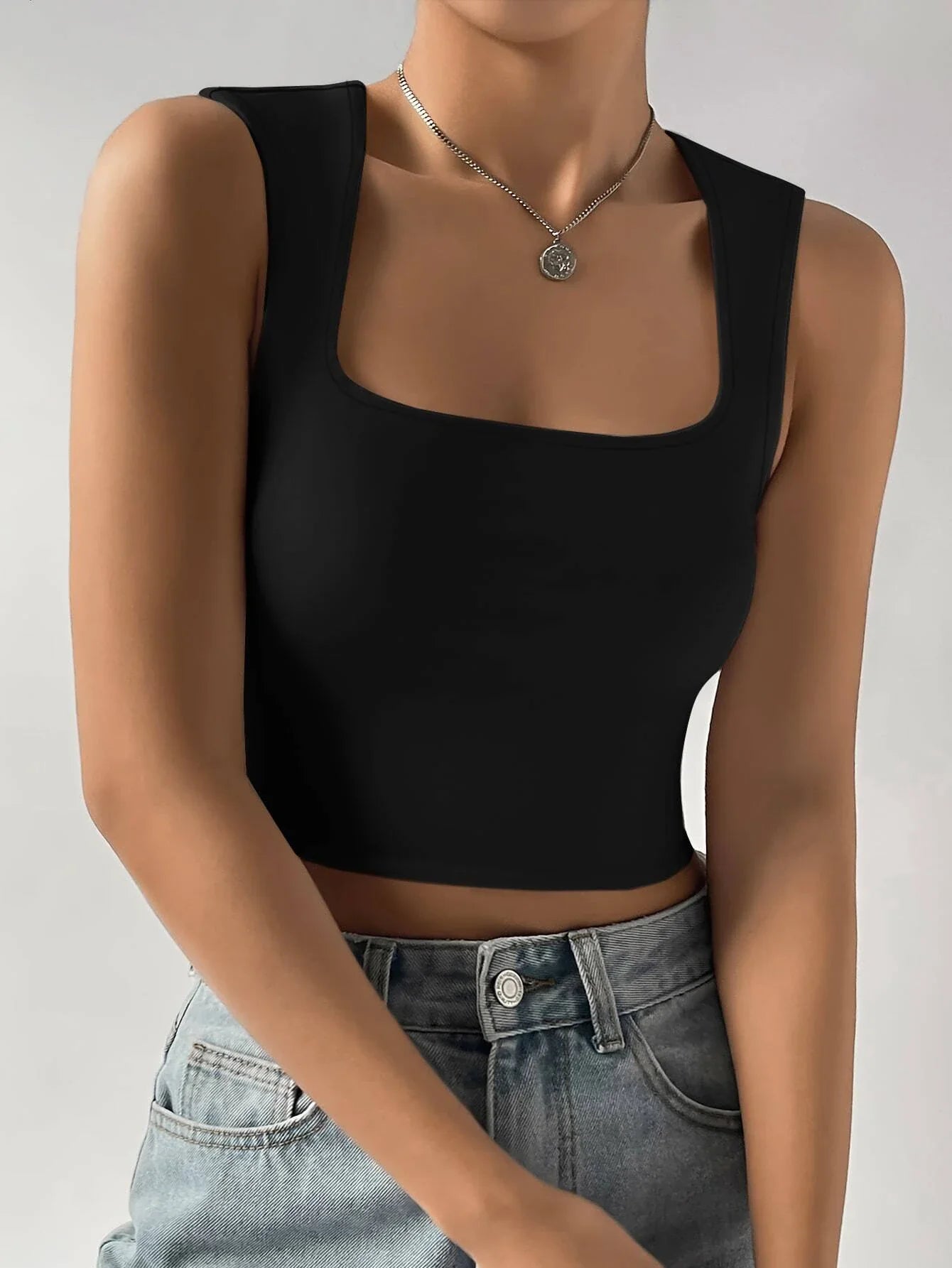 Women's Black Square Neck Tank Top