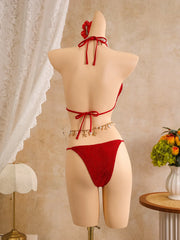 Vintage Red Pleate Skirt 3 Piece Bikini Set