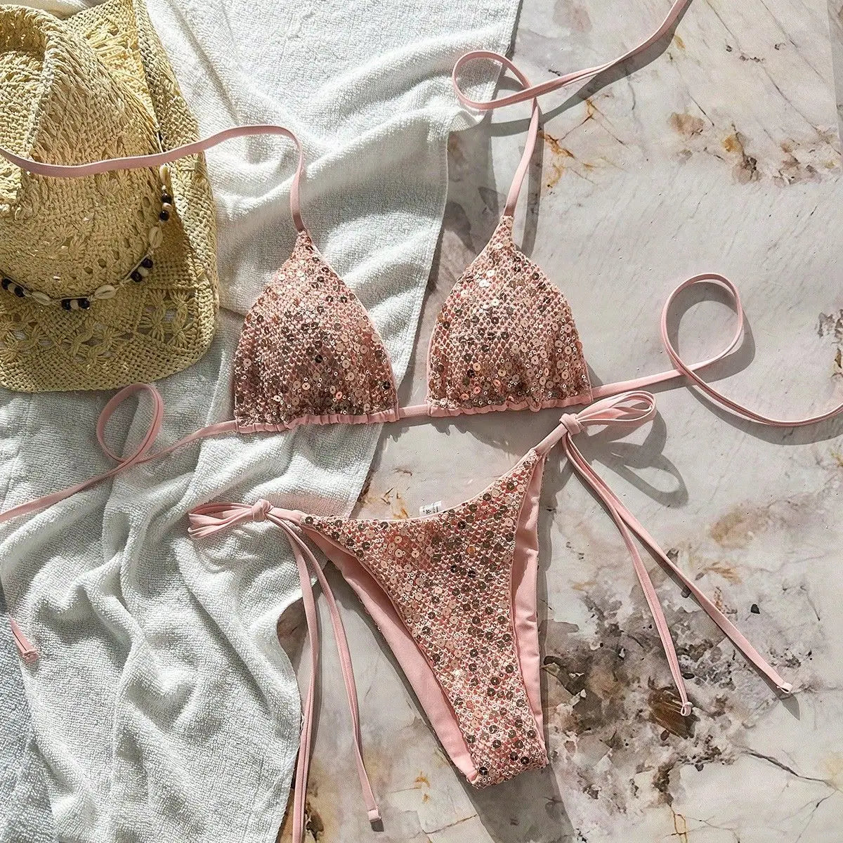 Shiny Sequin Pink Micro Bikini