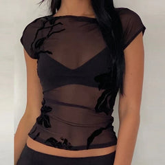 Graphic Print Coquette Mesh Sheer Crop Tops