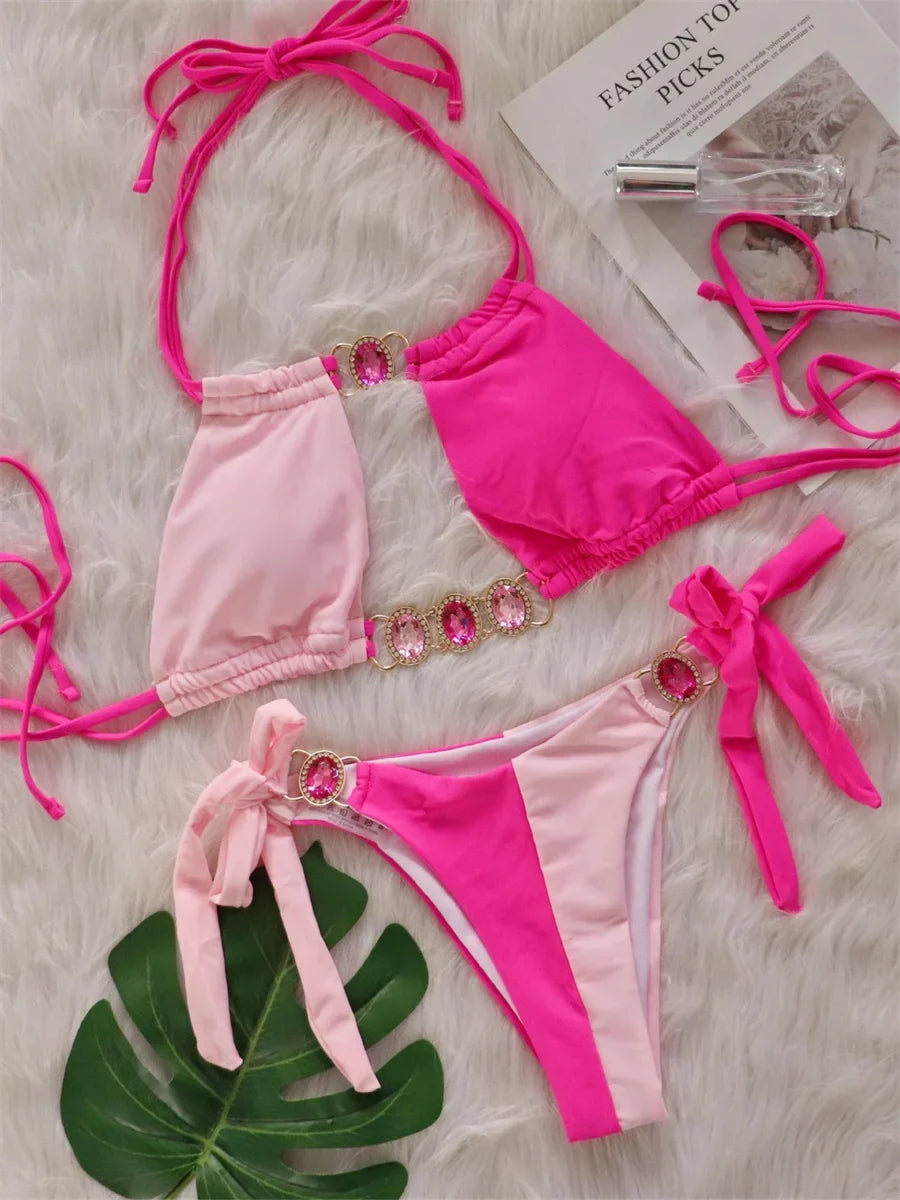 Luxury Rhinestones Splicing Bikini Set