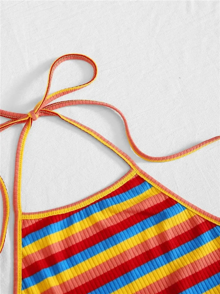 Rainbow Rib-knit Striped Halter Top