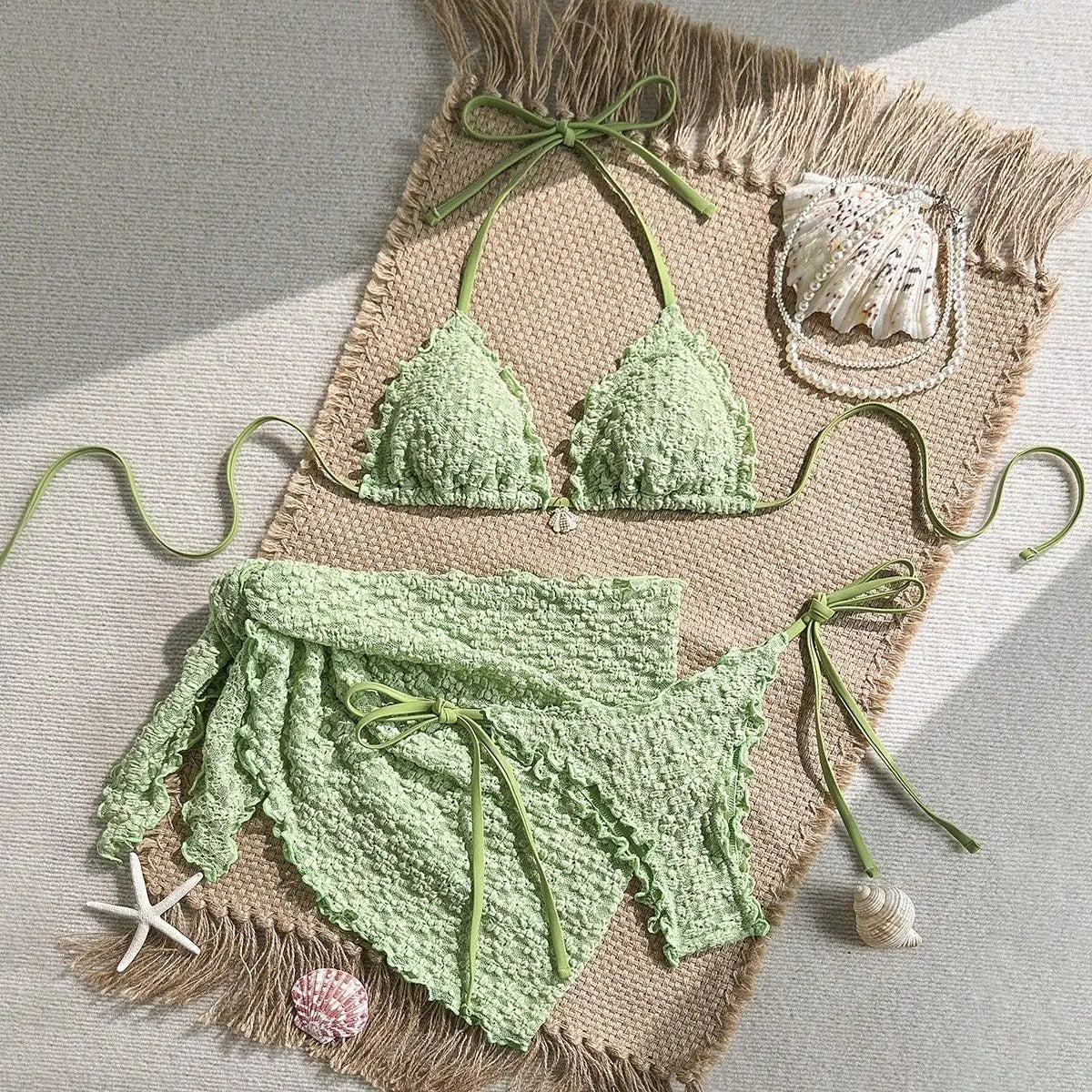 Sexy Yellow Coffee Mesh Skirt 3 Piece Bikini Set