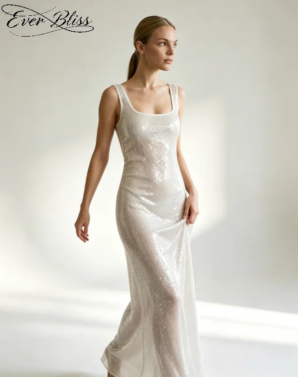 New White Sequin & Sparkle Sleeveless Camisole Maxi Dress