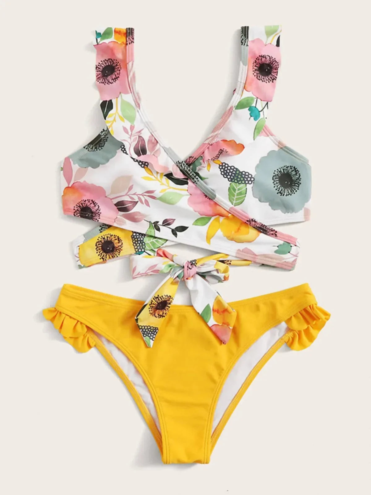 Yellow Flower Print Two Piece Swimsuit