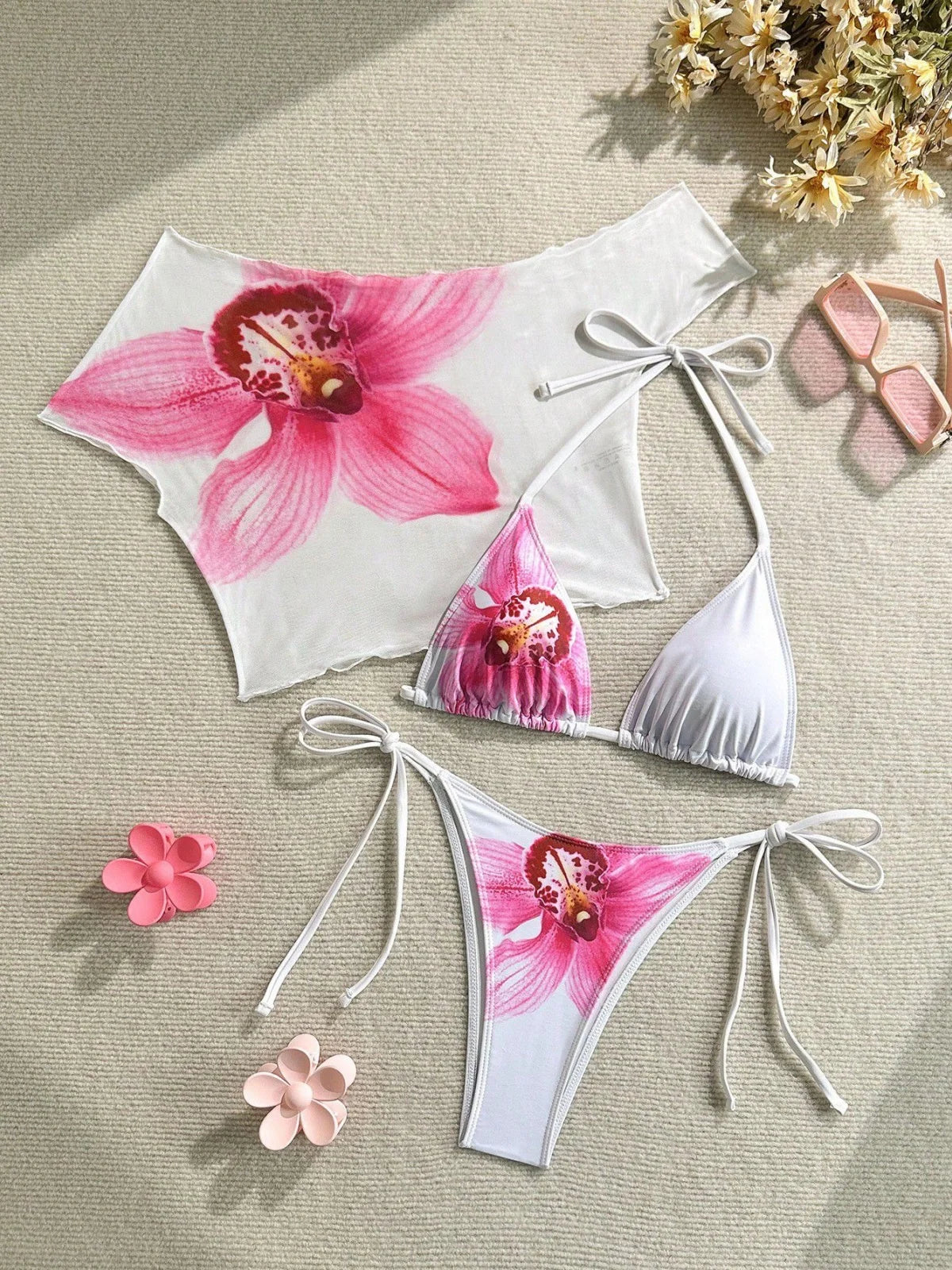 Sexy Pink Floral Print Short Sleeve Cover Up 3 Piece Bikini Set
