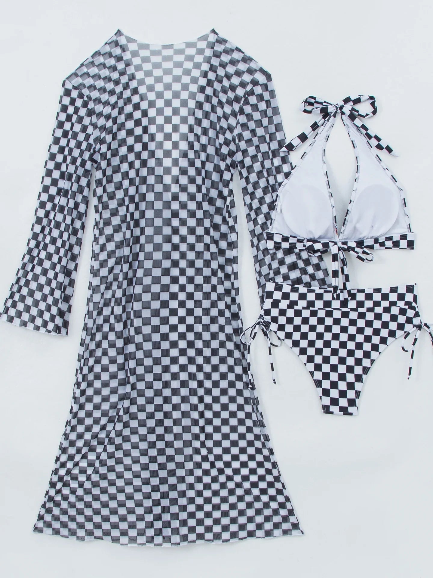 Vintage Black Plaid Print Long Sleeve Cover Up Bikini Set