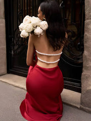 Satin Backless Pearls Sexy Bodycon Prom Party Maxi Dress