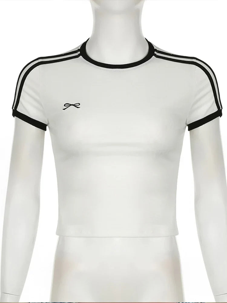 Contrast Embroidered Bow Crop Top