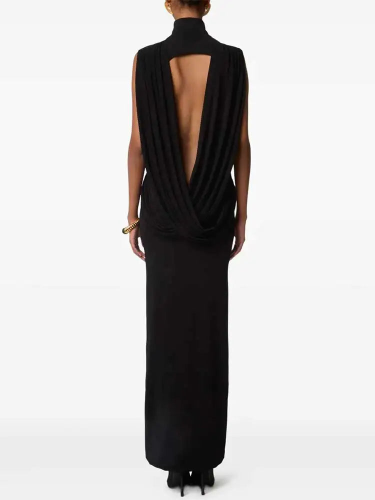 High Collar Backless Maxi Dress