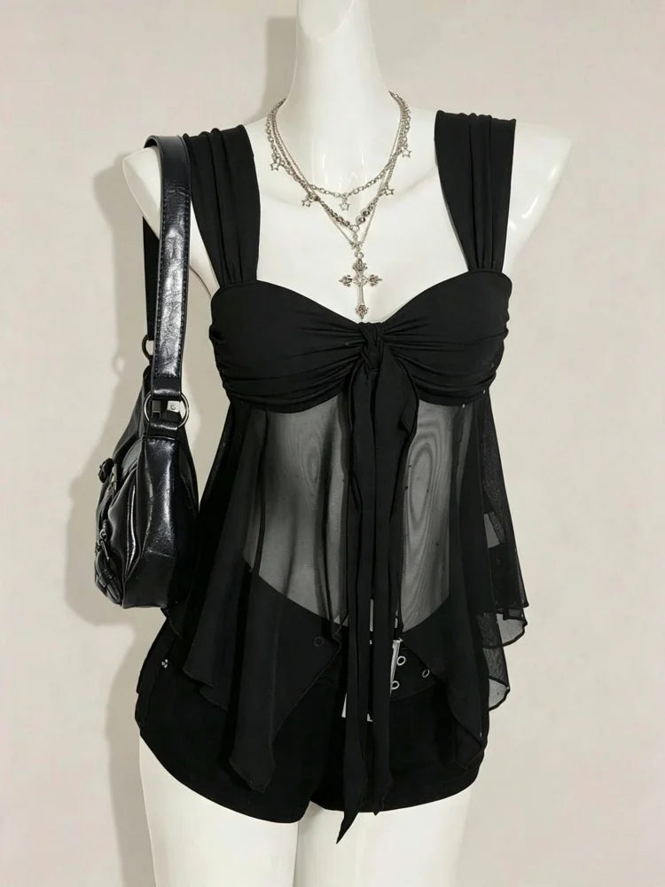 Mesh Knot Front Pleating Strap A-line Crop Top