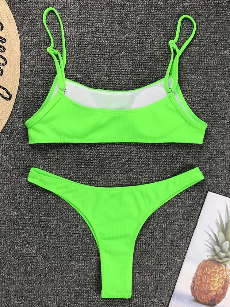Sexy Neon Yellow Ribbed Brazilian Bikini