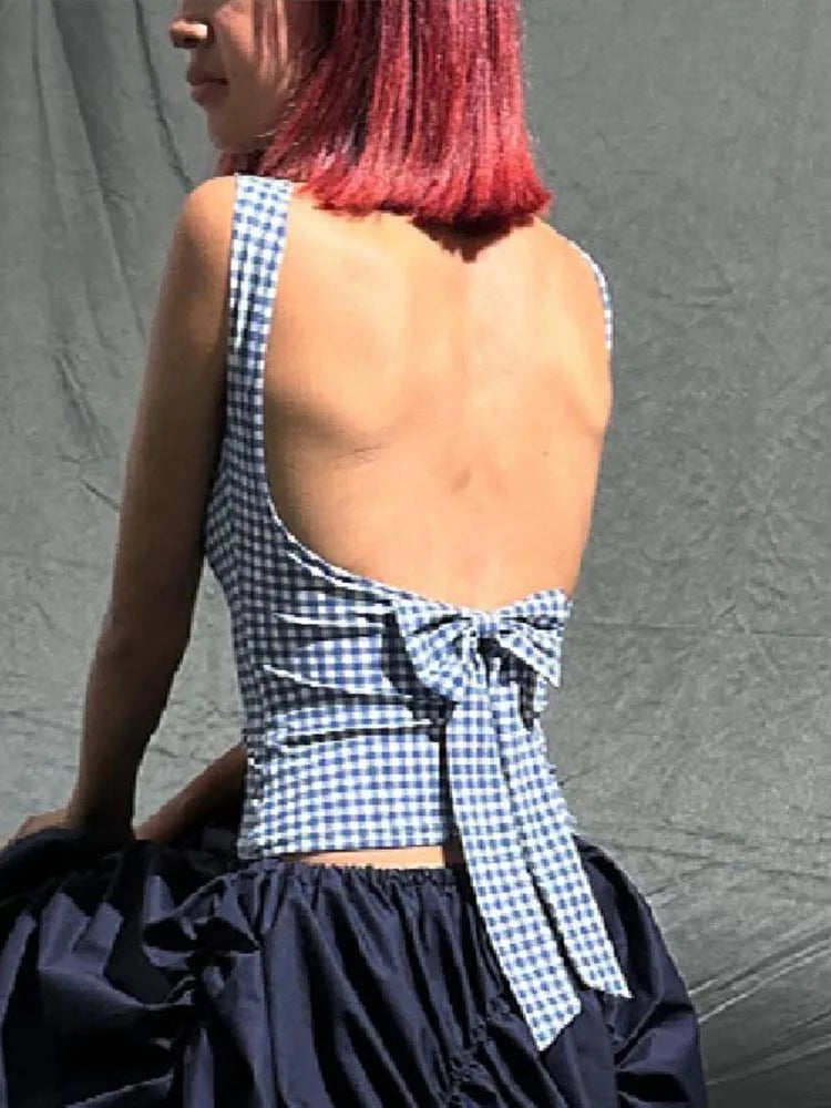 Korean Backless Plaid Print Bow Tie Sleeveless Crop Top
