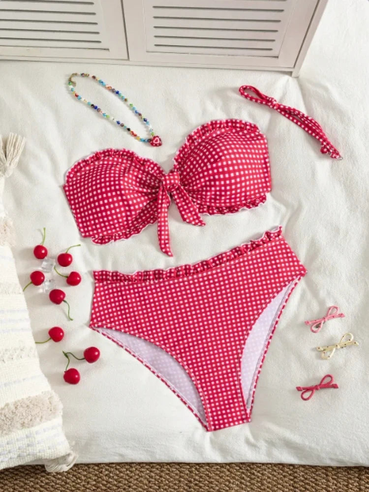 Vintage Coffee Plaid Print Bikini Set