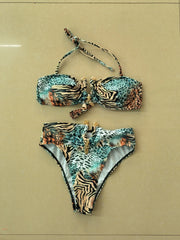 Metal V Wire Zebra Tiger Print Push Up High Waist Swimsuit
