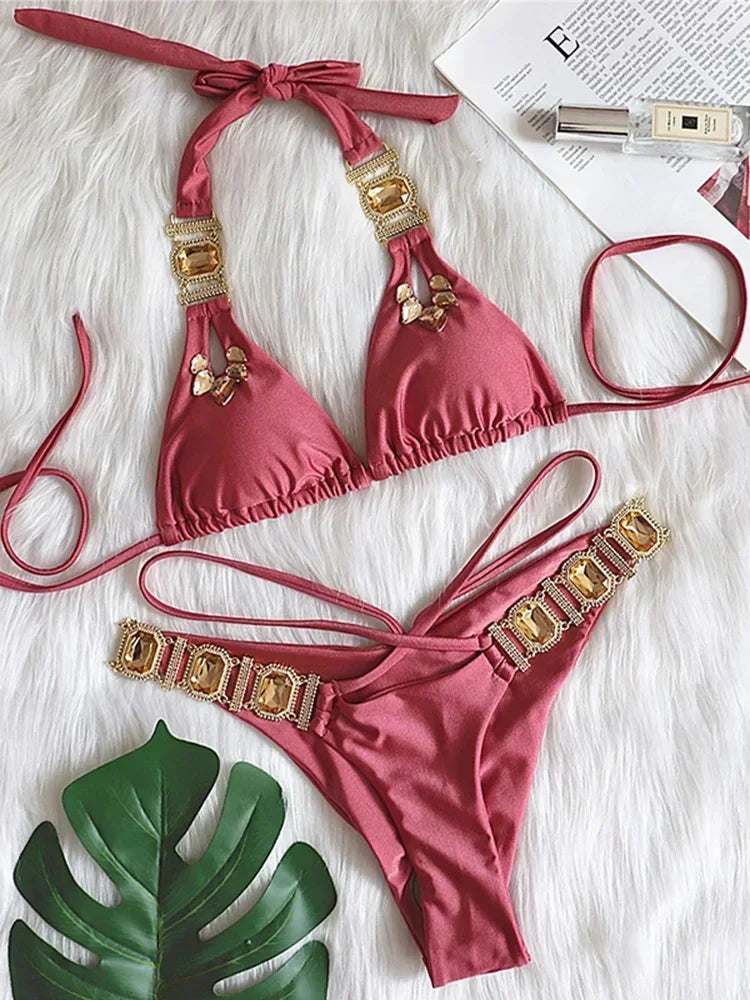 Sexy Halter Crystal Diamond Bikini