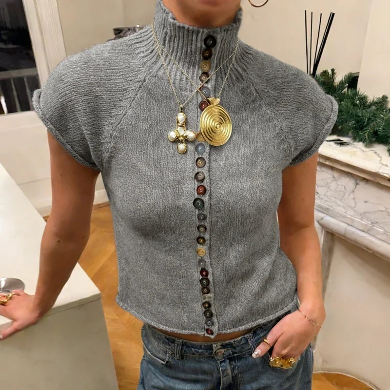 Vintage Buttons Short Sleeve Sweater T-shirt Slim Fit High Neck Knitted Tees Y2K Preppy Cute Crop Top